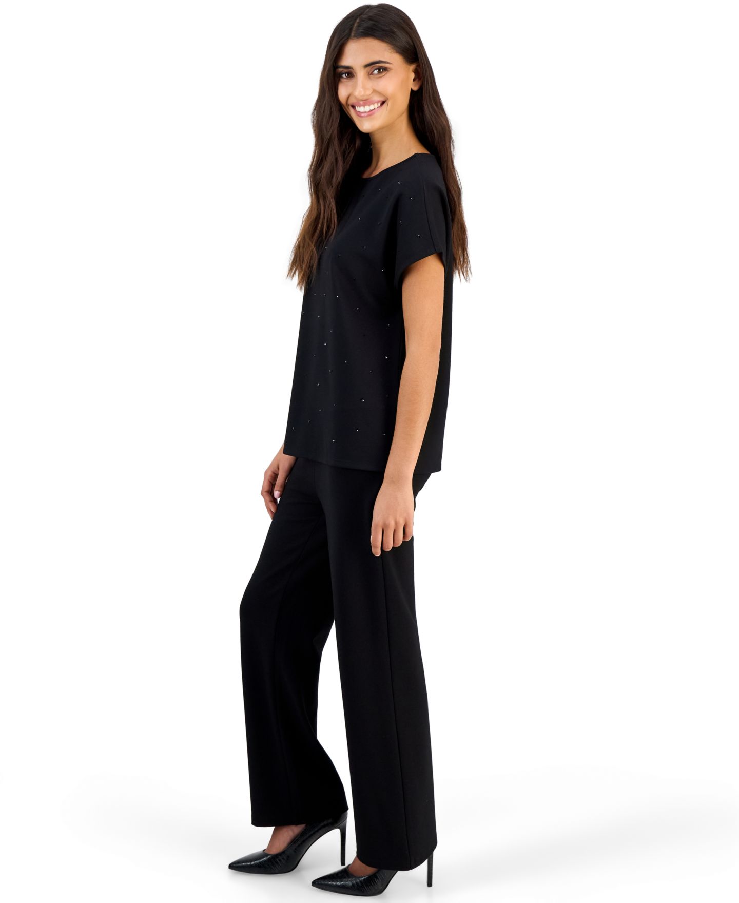 Anne Klein Essentials Women's Serenity Heatset Boat-Neck High-Waisted Wide-Leg Top and Pants, 2-Piece Set, цвет: Чёрный — фото 3