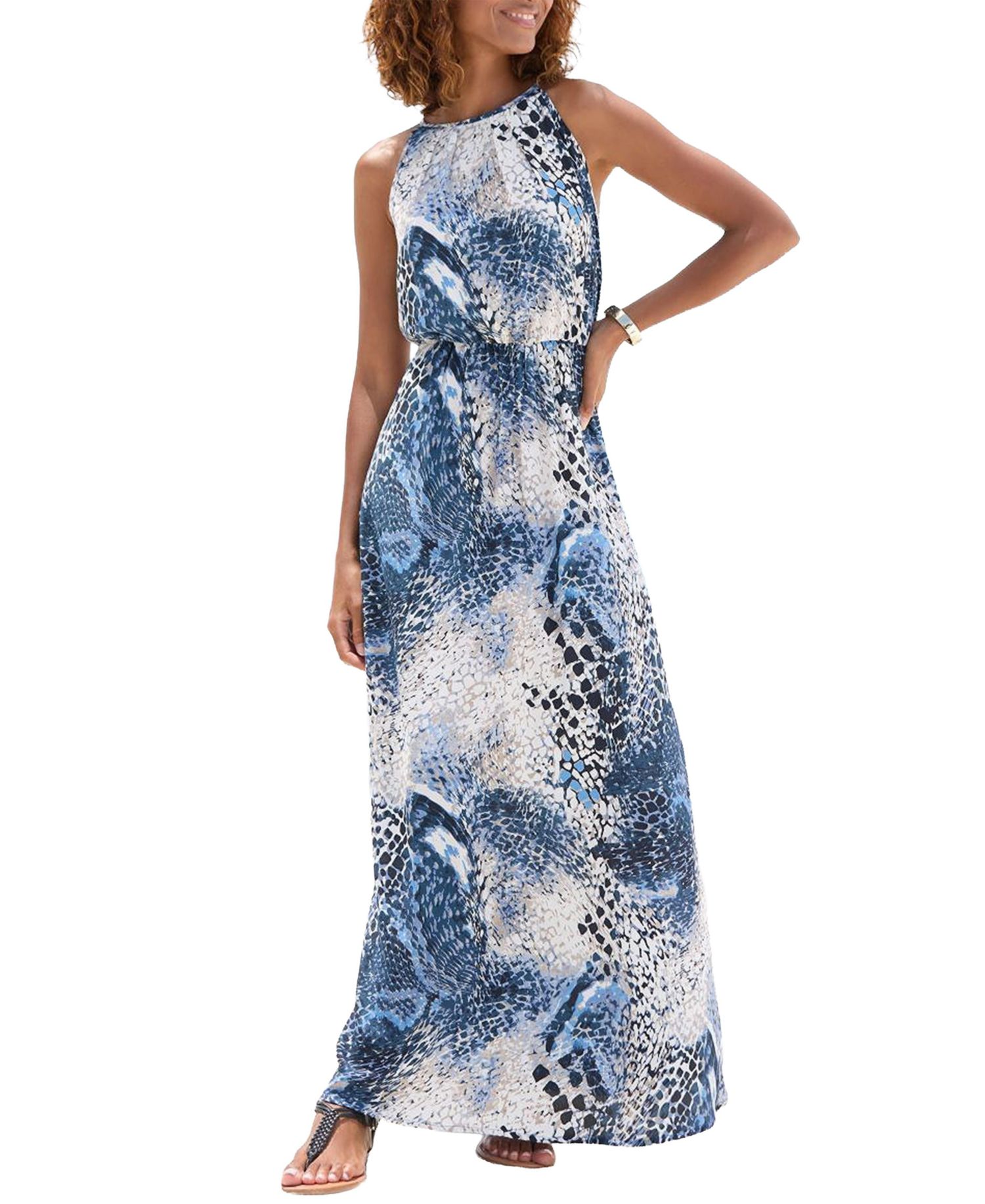 Women's Viscose Printed High Neck Sleeveless A-Line Maxi Dress