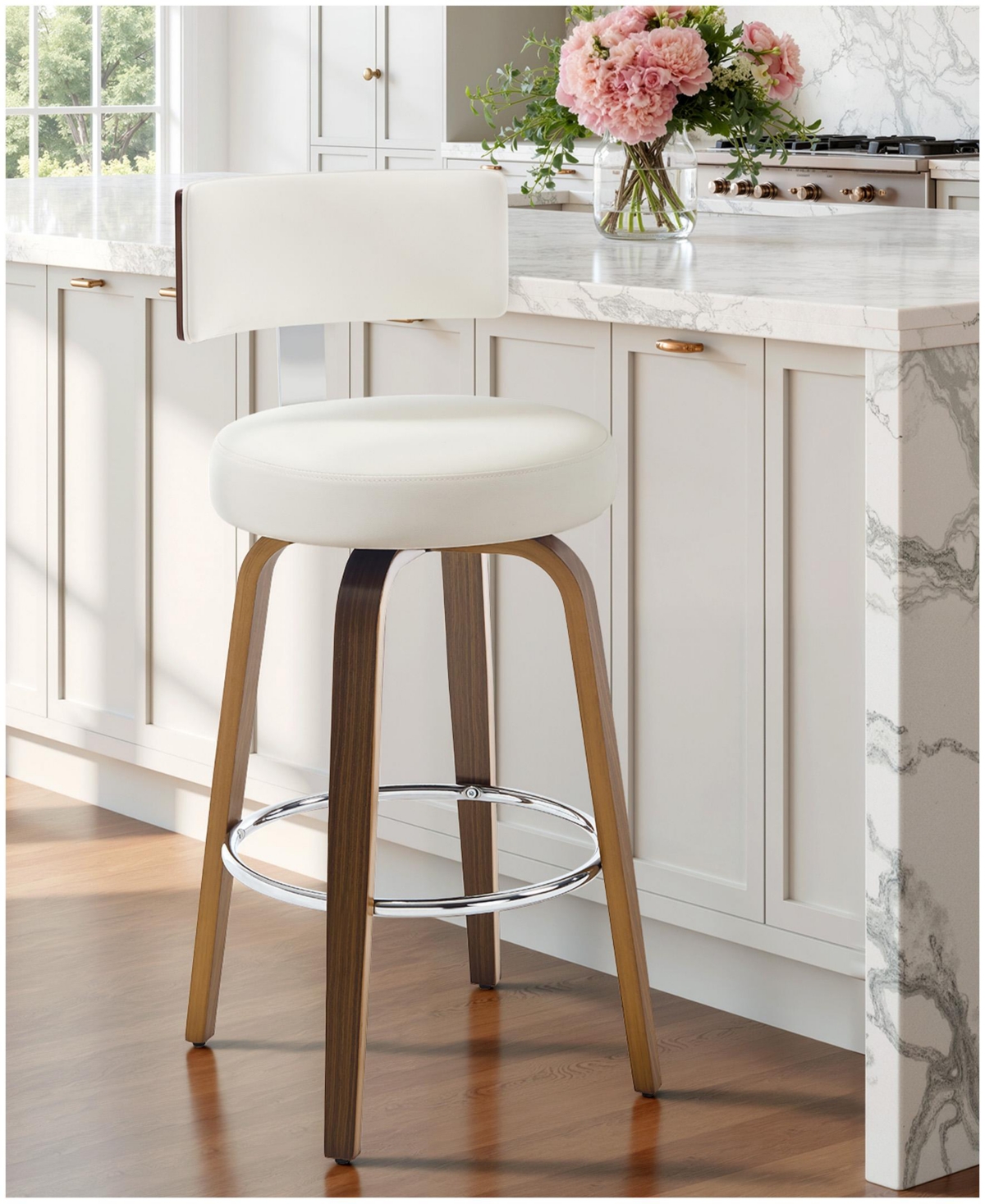 Bekrvio 26" Mid Century Swivel Counter Height Bar Stools, Faux Leather Kitchen Stools - Pu white