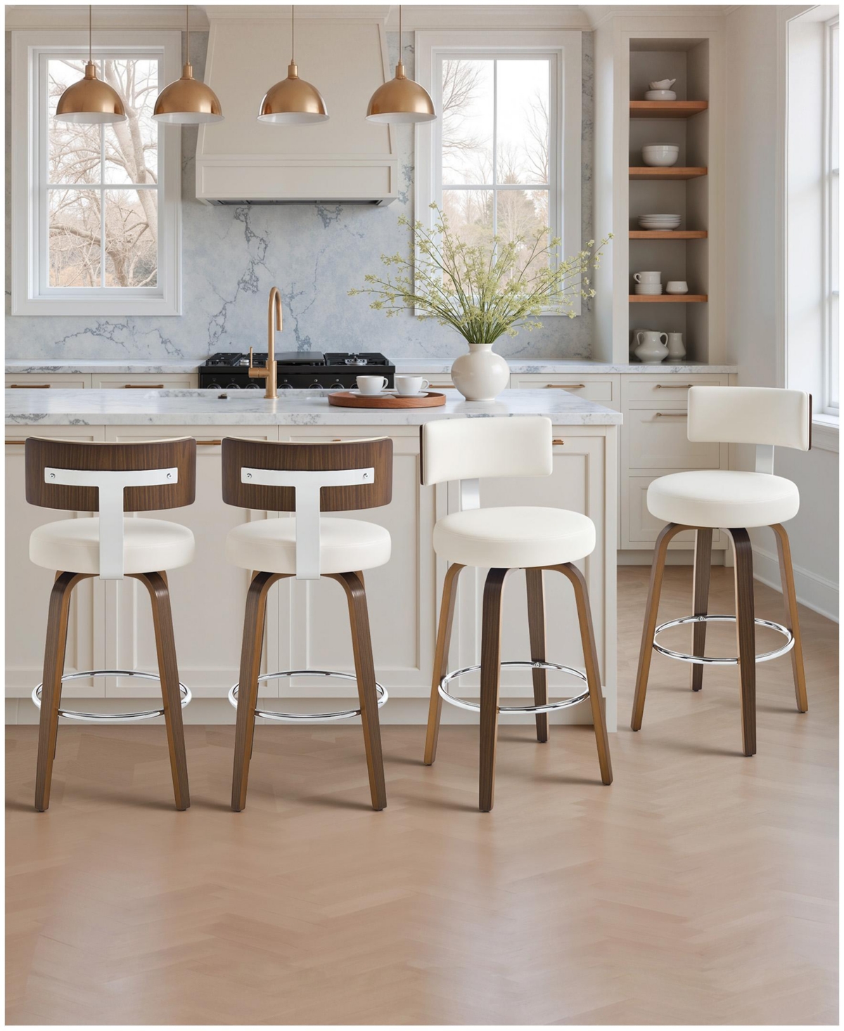 Bekrvio 26" Mid Century Swivel Counter Height Bar Stools, Faux Leather Kitchen Stools - Pu white