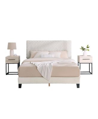 Findlay 3Pc Bedroom Set, Plush 3D Upholstered Bed with 2 Nightstands
