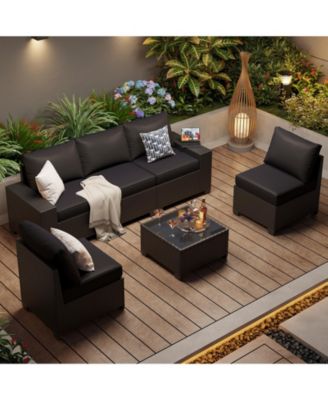 6-Piece Wicker Outdoor Sectional Sofa Set with Cushions and Glass-Top Coffee Table