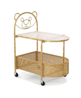 2 Tier Mobile Glass Coffee Table with Bear Pattern Golden