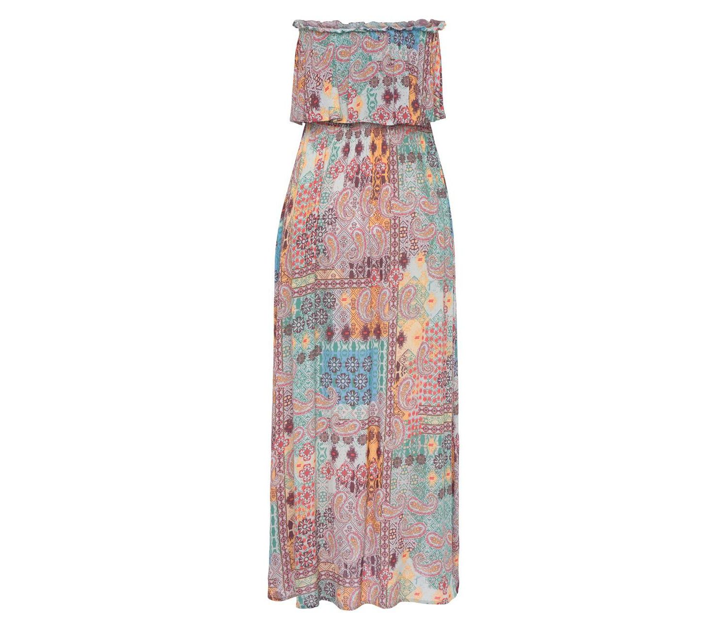 Women's Patchwork-Print Bandeau Ruffle-Trim Maxi Dress