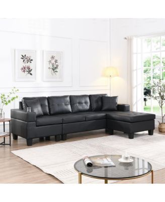 Modern 4-Seat L-Shaped Sectional Sofa with Chaise and Cup Holders