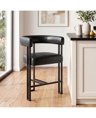 Counter-Height Bar Stool with Arms, Faux Leather Upholstery, Low Back Counter Stool, Metal Legs with Footrest, 25" Seat Height