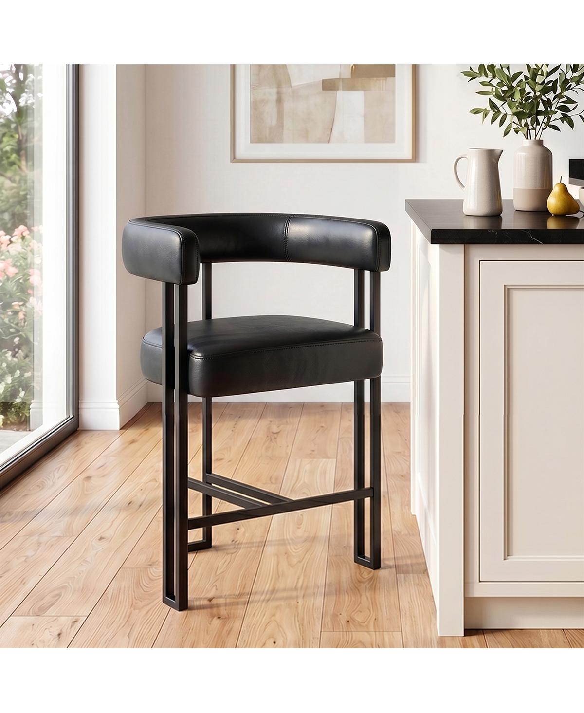 Maison Boucle Counter-Height Bar Stool with Arms, Faux Leather Upholstery, Low Back Counter Stool, Metal Legs Footrest, 25" Seat Height