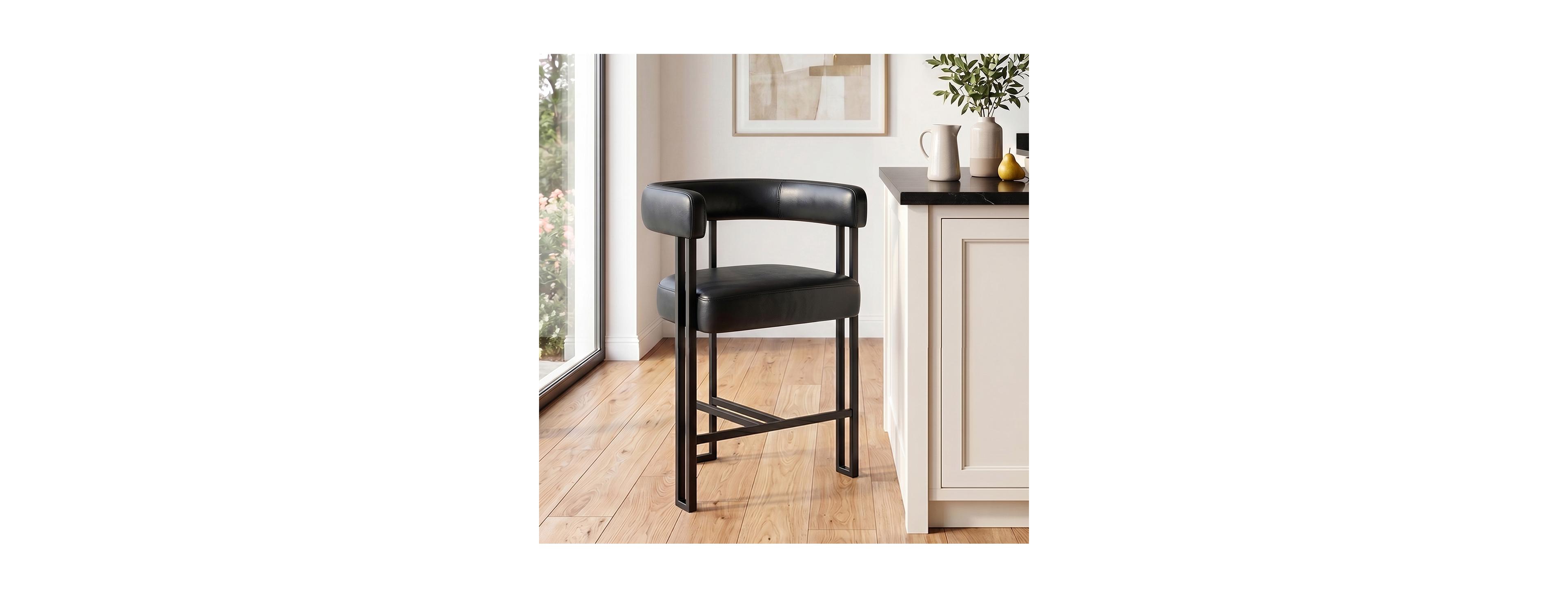 Maison Boucle Counter-Height Bar Stool with Arms, Faux Leather Upholstery, Low Back Counter Stool, Metal Legs Footrest, 25" Seat Height