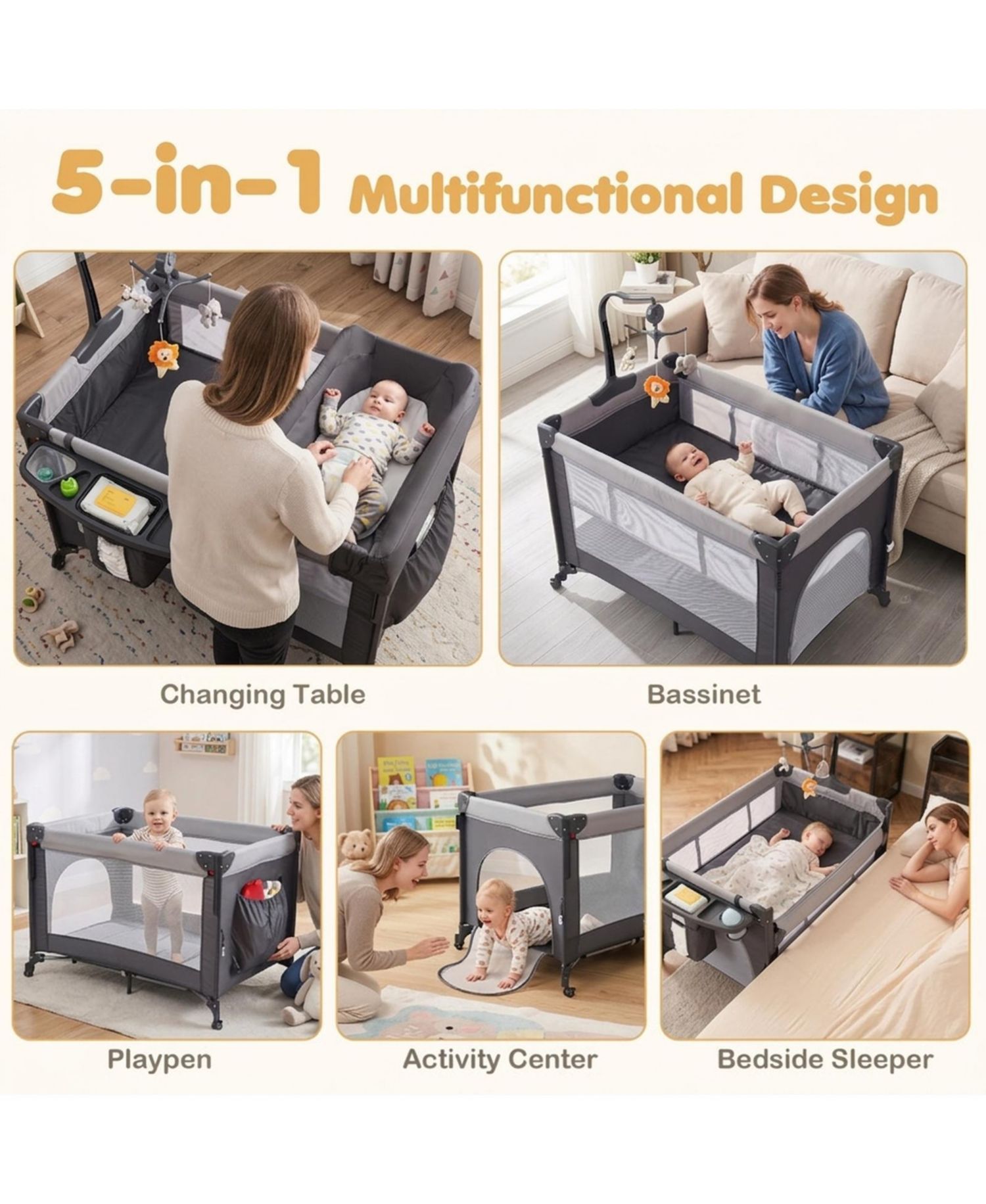 Baby 5-in-1 Portable Bedside Bassinet with Music Box