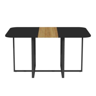 Two-Tone Waterproof MDF Kitchen Table, Multi-Functional Dining Worktable with Wood Strip and Metal Base