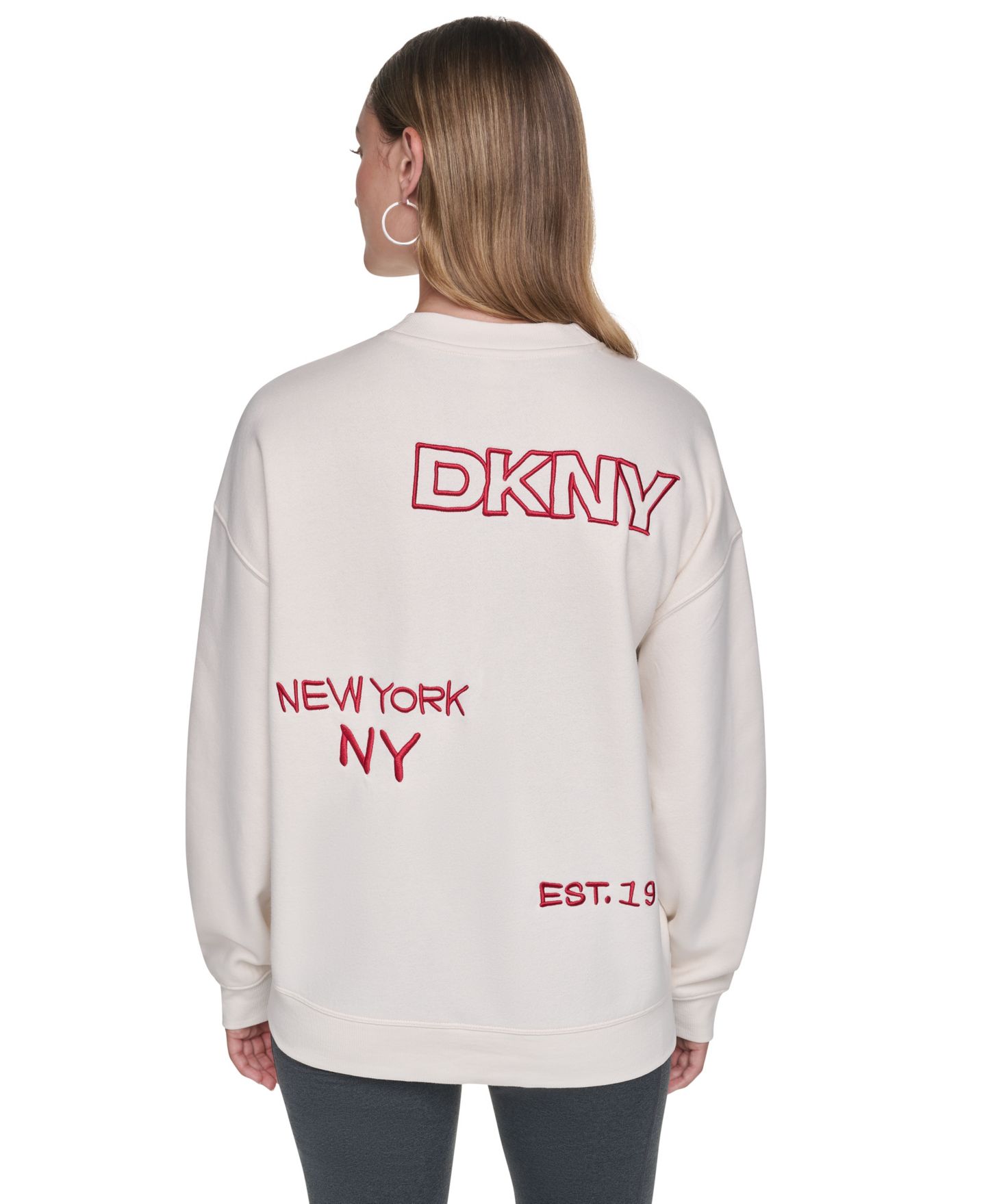 Женский свитер DKNY Sport Oversized Crewneck Embroidered Pullover, цвет: Сливочный / Рубиновый — фото 5