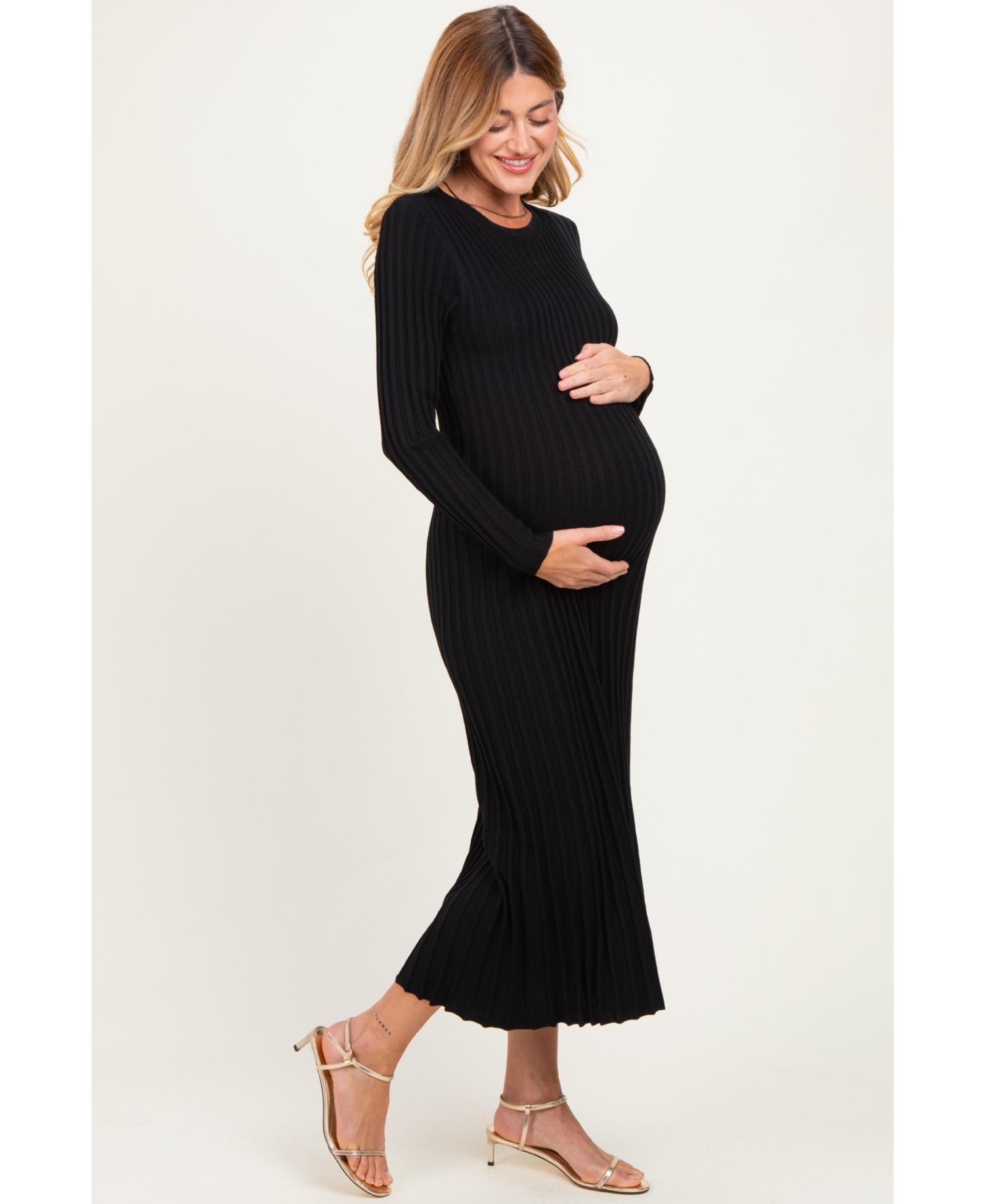 Maternity Long-Sleeve Ribbed Crewneck Sweater Midi Dress