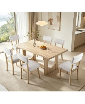 7-Piece Japandi Dining Table Set with 6 Linen Upholstered Chairs