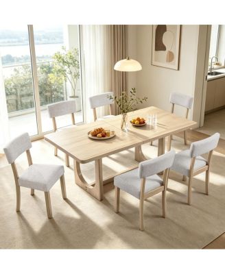 Streamdale 7-Piece Japandi Dining Table Set with 6 Linen Upholstered Chairs