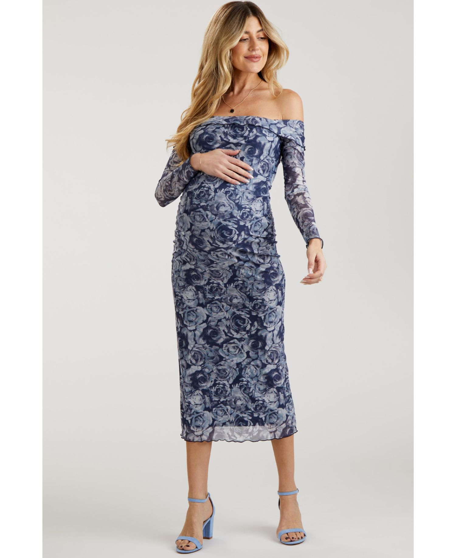 Women's Floral Off Shoulder Mesh Knit Midi Dress