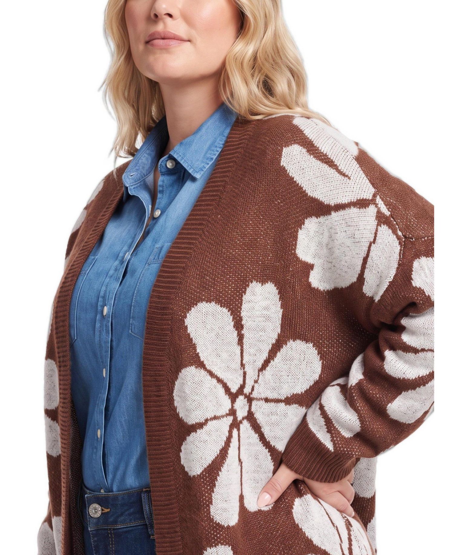 Plus Size Open-Front Floral Long-Sleeve Cardigan