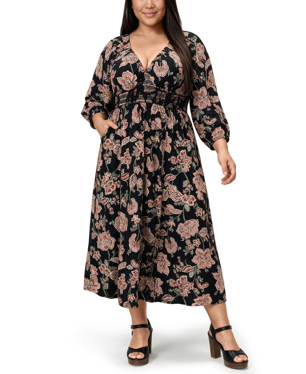 Torrid Plus Size Maxi V-Neck Raglan-Sleeve Dress - Laurie jacobean floral black