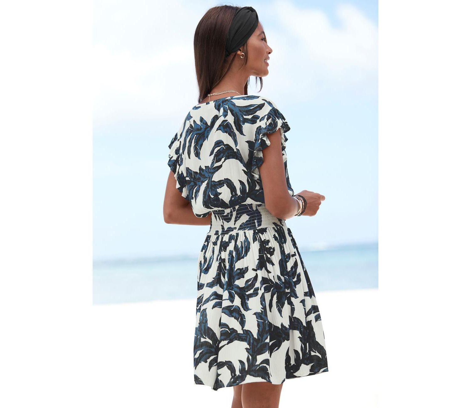 Women's Flutter-Sleeve Smocked-Waist Fit-and-Flare Dress