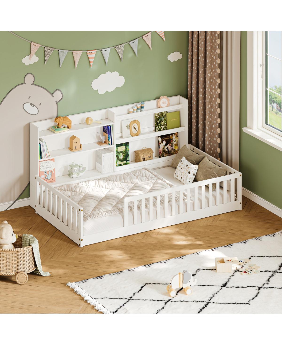 Streamdale Furniture Twin Montessori Floor Bed with Bookshelf and Safety Rails - White