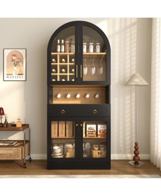 70" Arched Bar Cabinet with Wine Racks, Glass Holders, and Drawer