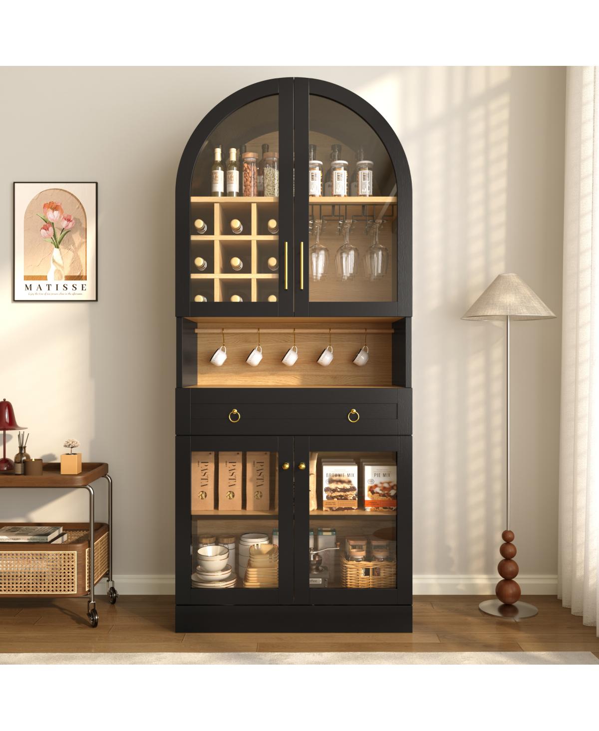Streamdale Furniture 70" Arched Bar Cabinet with Wine Racks, Glass Holders, and Drawer - Black