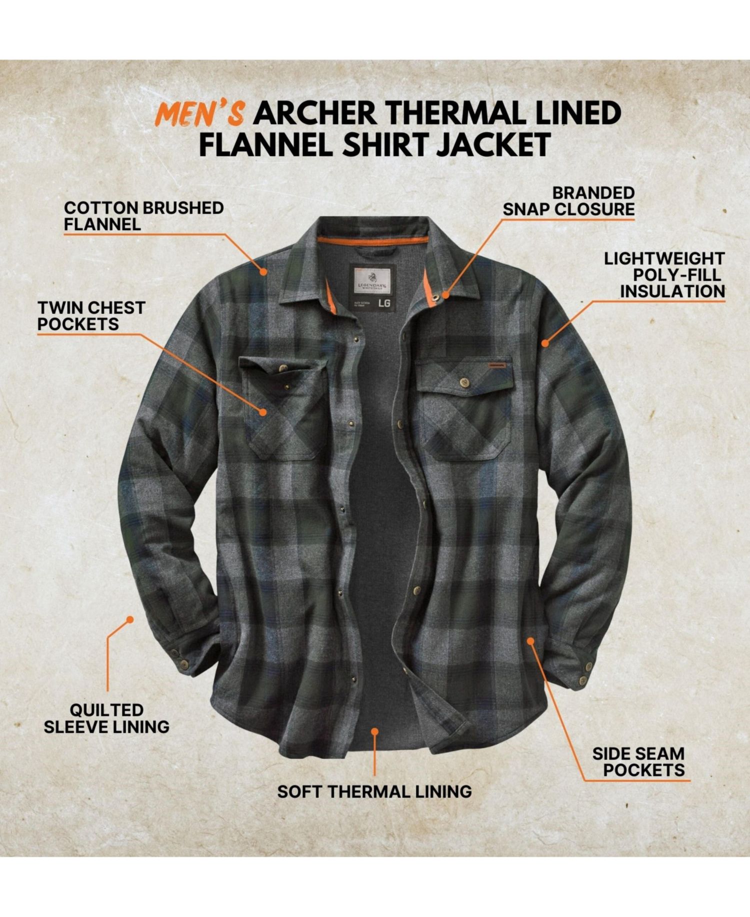 Mens Thermal Lined Plaid Long Sleeve Snap Up Shirt Jacket