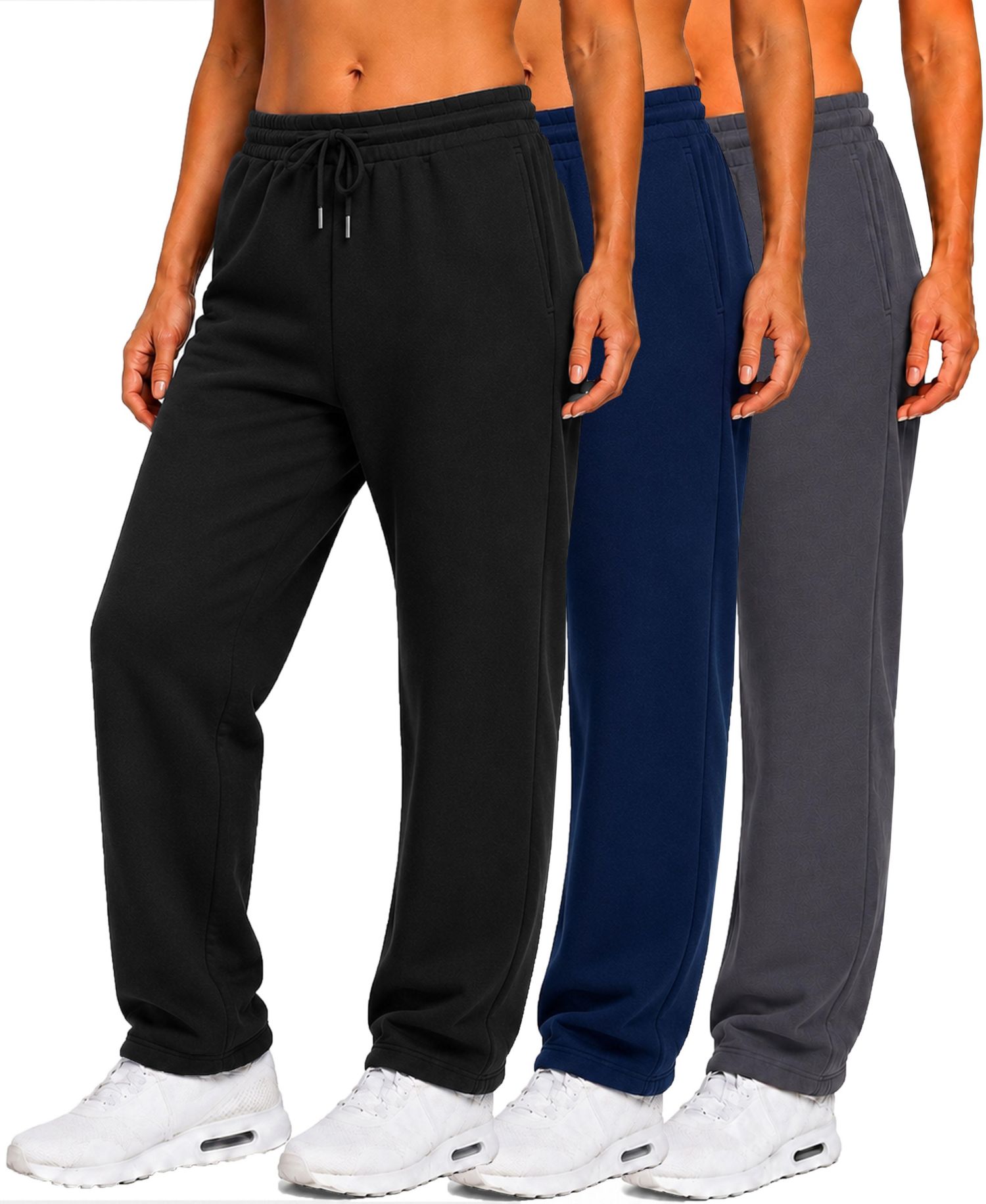 Women's Loose-Fit Heavyweight Fleece Open-Bottom Sweatpants, 3-Pack