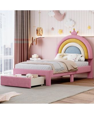 Twin Rainbow Velvet Princess Platform Bed with Storage Drawer