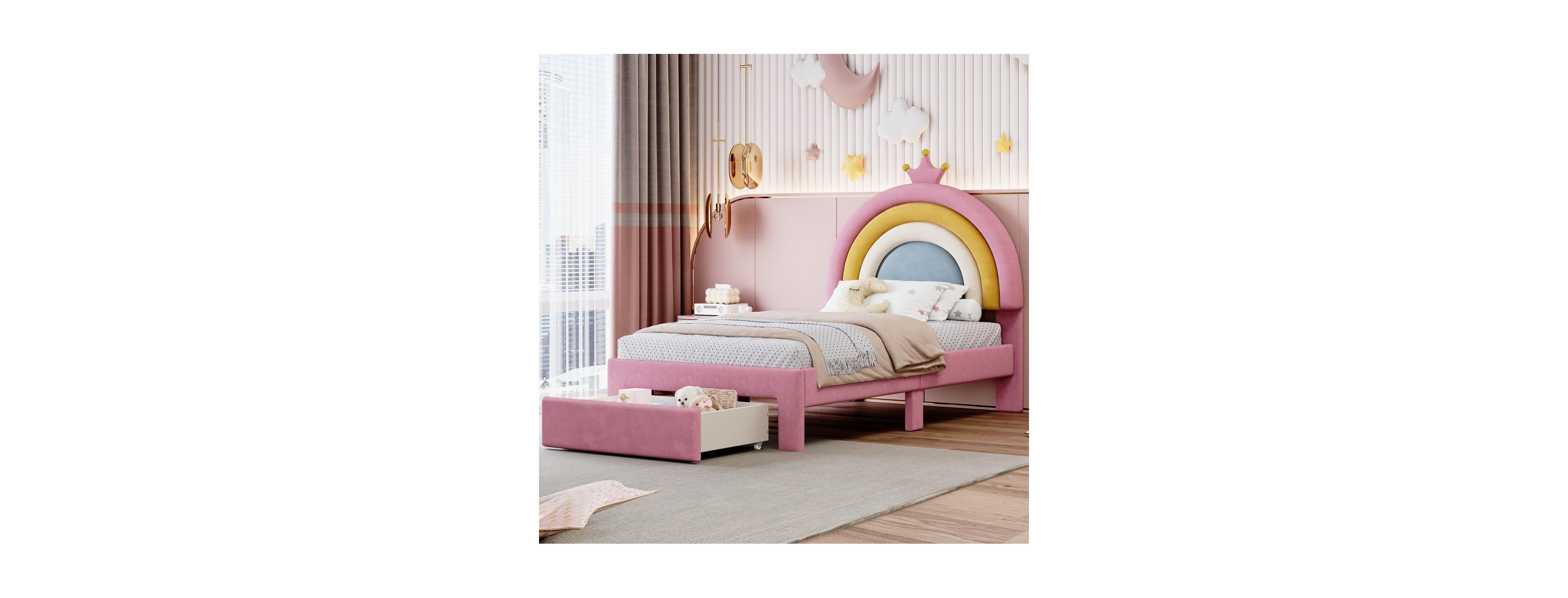 Streamdale Furniture Twin Rainbow Velvet Princess Platform Bed with Storage Drawer
