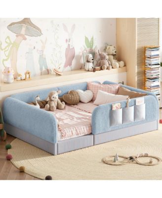 Kids Full Upholstered Floor Bed with Safety Rails and Storage Pocket