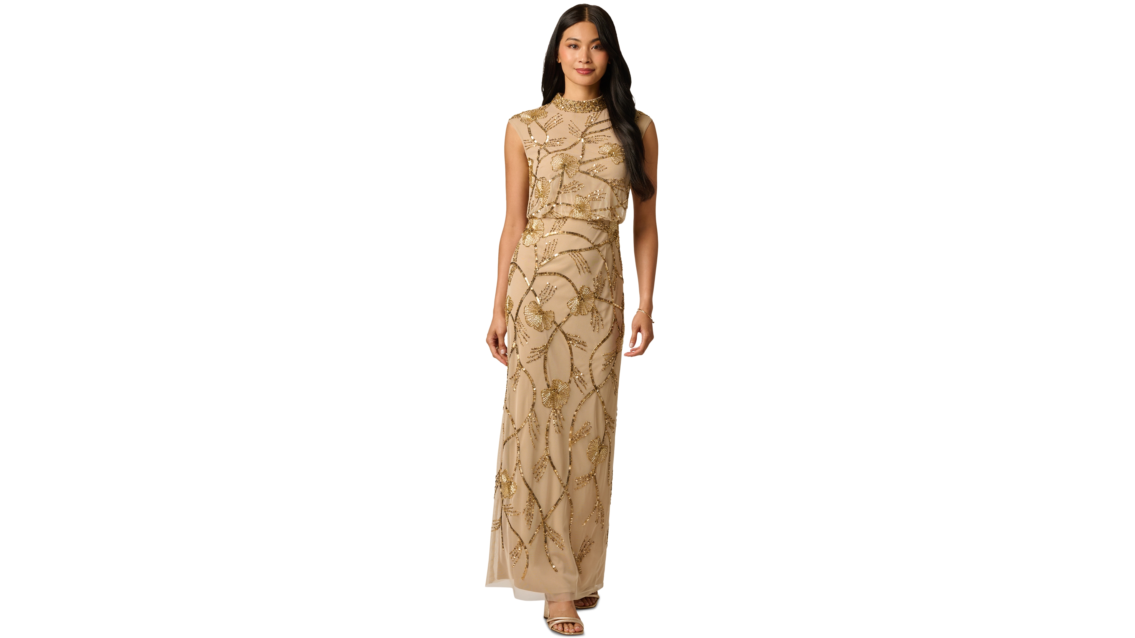 Adrianna Papell Women's Mock Neck Beaded Floral Gown