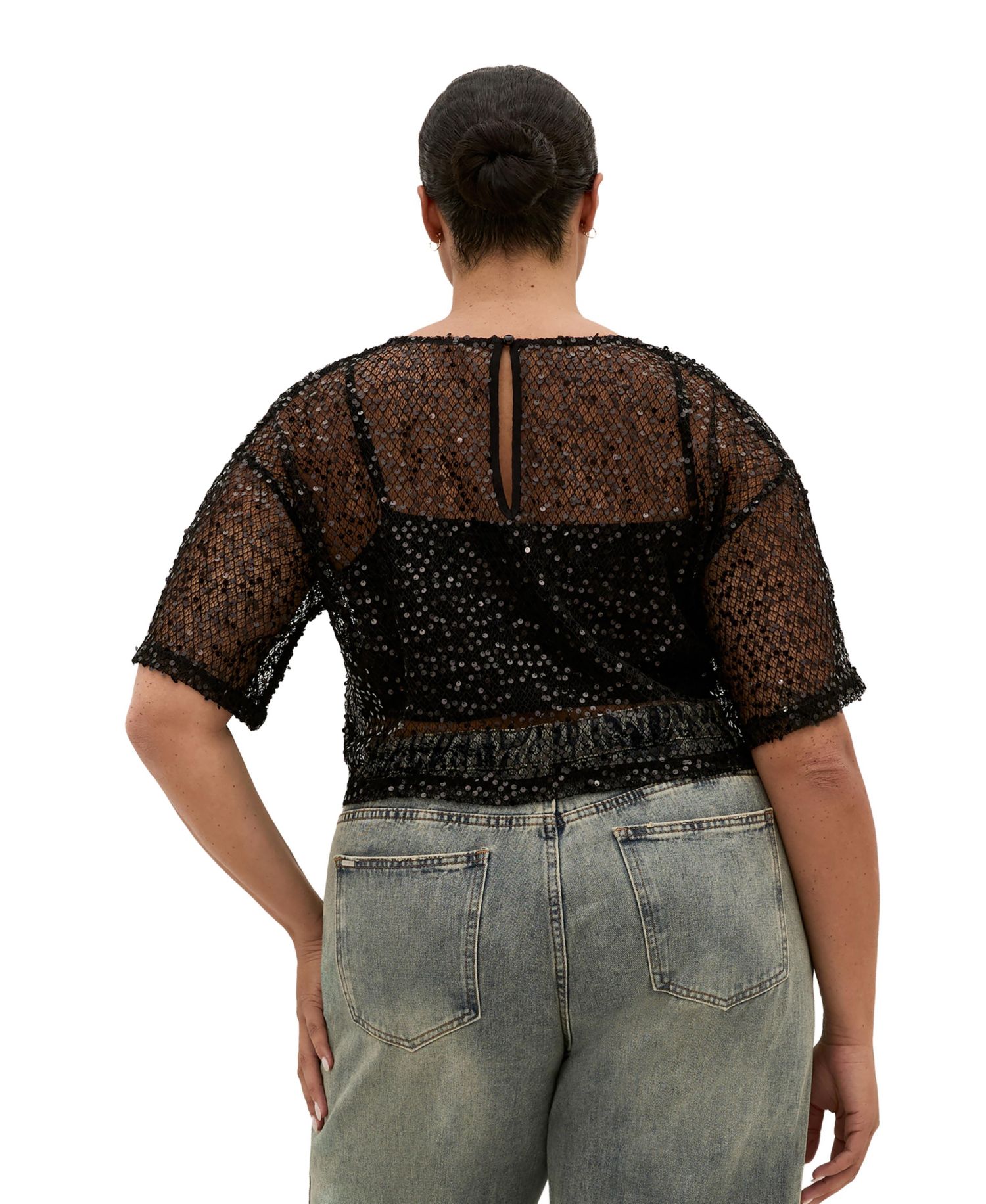 Plus Size Stardust Sheer-Mesh Sequin Crop Top
