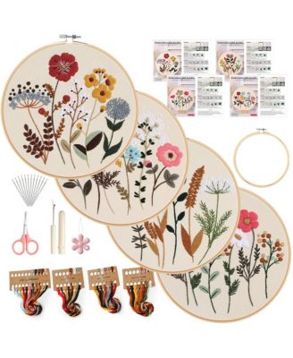 4 Pack Floral Embroidery Kit for Beginners Adults Home Decor Craft Set