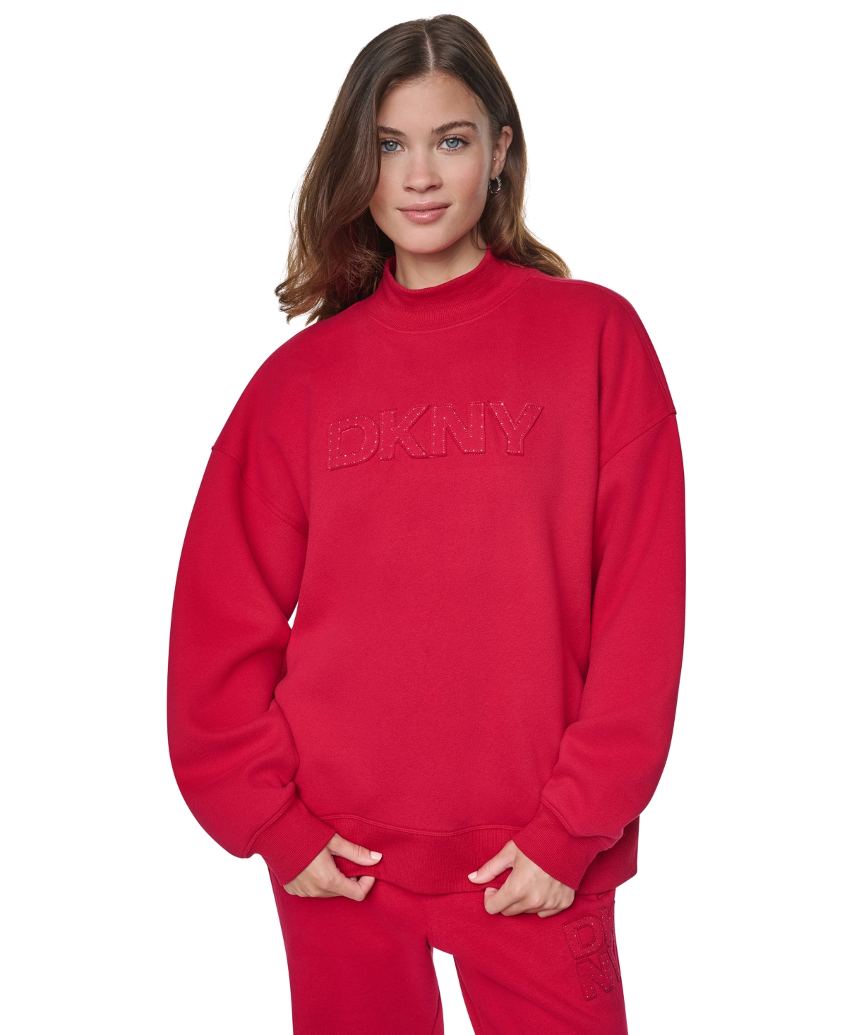 Dkny Sport Women's Rhinestone Applique Oversized Mock Neck Pullover - Ruby/ Gunmetal