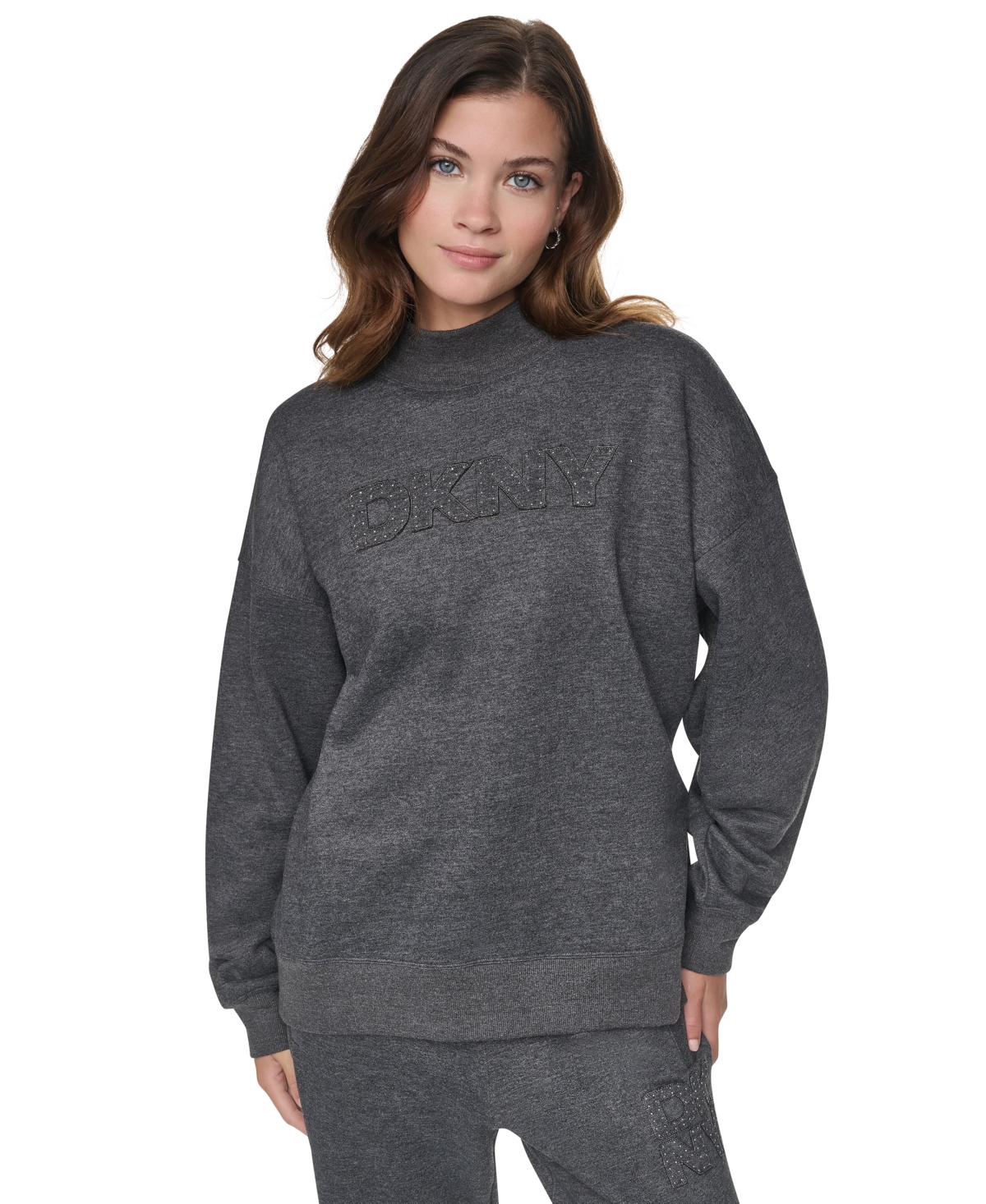 Dkny Sport Women's Rhinestone Applique Oversized Mock Neck Pullover - Slate Heather