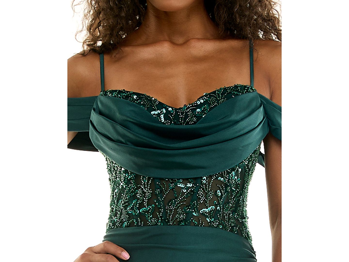 Женское платье City Studios Juniors' Off-the-Shoulder Beaded Lace-up Back Gown, цвет: Глубокий тёмно-зелёный — фото 4