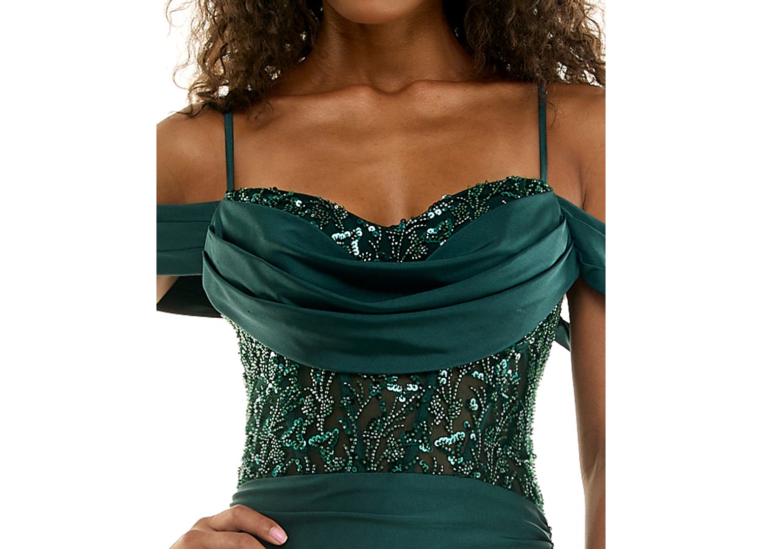 Juniors' Off-the-Shoulder Beaded Lace-up Back Gown