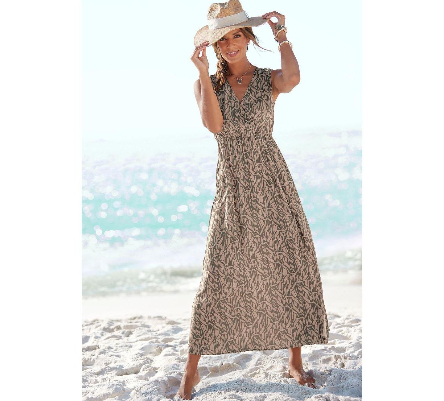 Женское платье Lascana Printed Wrap V-Neck Rayon Maxi, цвет: Хаки песочный — фото 2