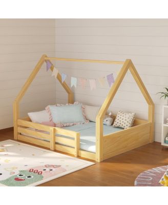Full Size Wooden House Bed with Roof, Fence and Grooved Panel