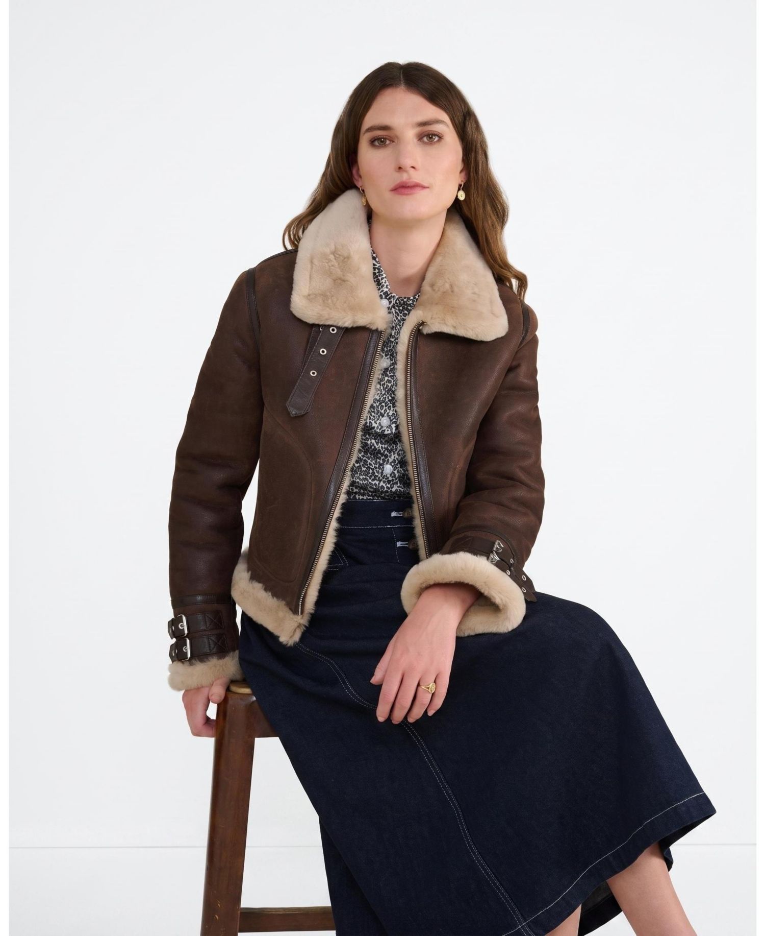 Women's Briar Vintage Brown Sheepskin Aviator Jacket