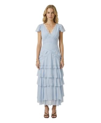 Women's Tiered V-Neck Flutter-Sleeve Maxi Dress