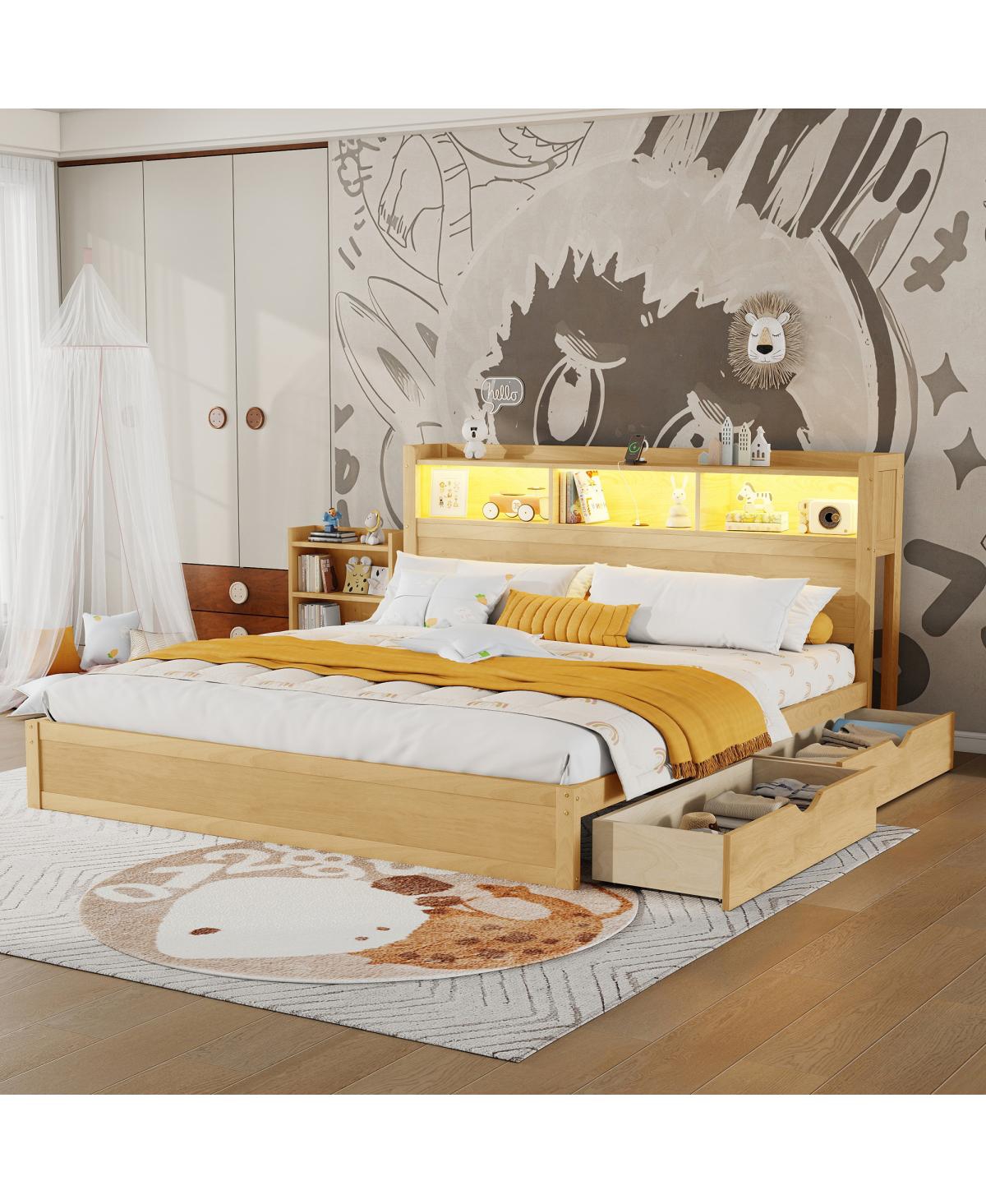 Streamdale Furniture King Size Wood Bed with Storage Headboard, Drawers, Light, and Socket