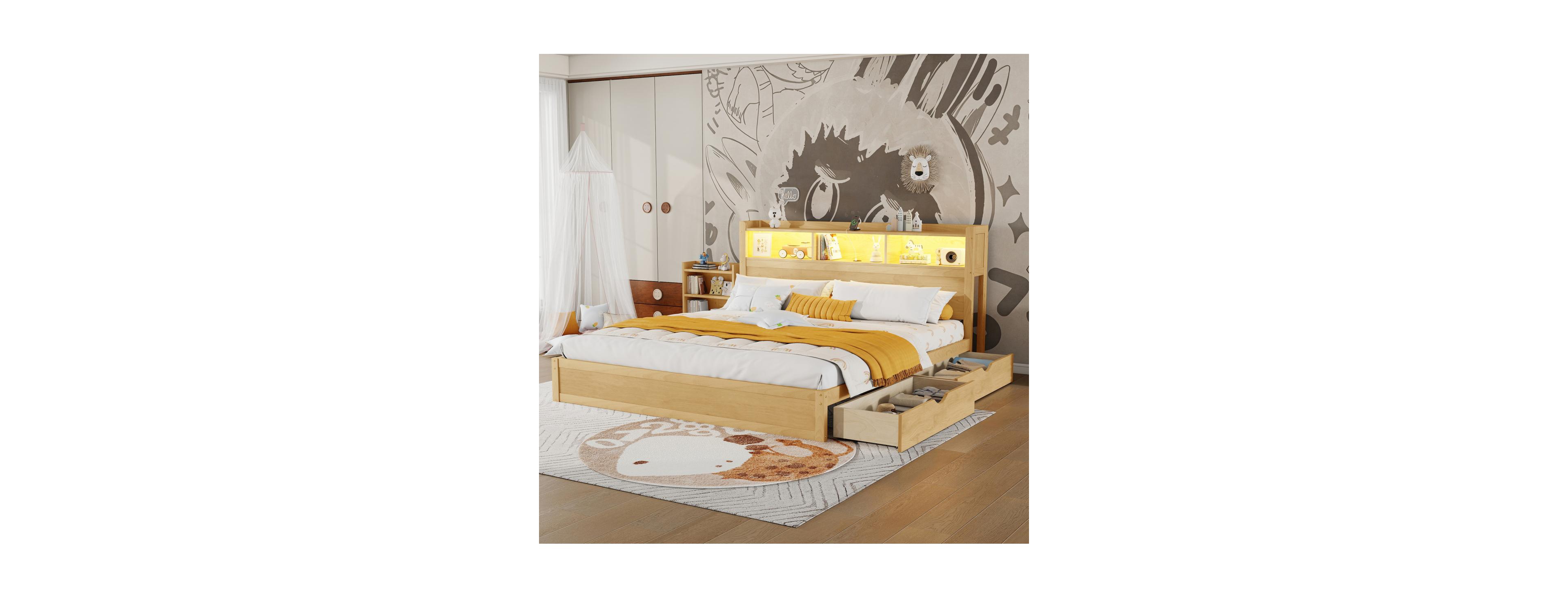Streamdale Furniture King Size Wood Bed with Storage Headboard, Drawers, Light, and Socket