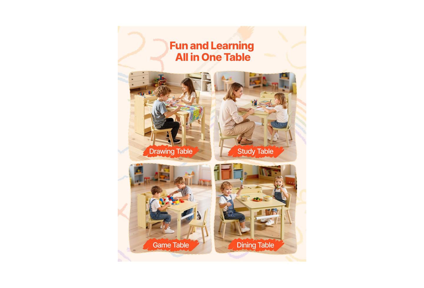 Детские игрушки YOBTOP Kids Art Table with 3-Tier Storage Paper-Roll Holder 3-Piece Activity Desk with 2 Chairs, Ages 2+, цвет: Коричневый — фото 5