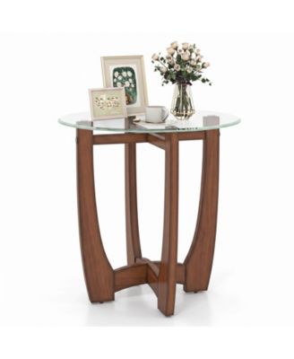 23.5'' Round Side Table with Glass Tabletop Cross-shaped Solid Rubber Wood Frame Clear