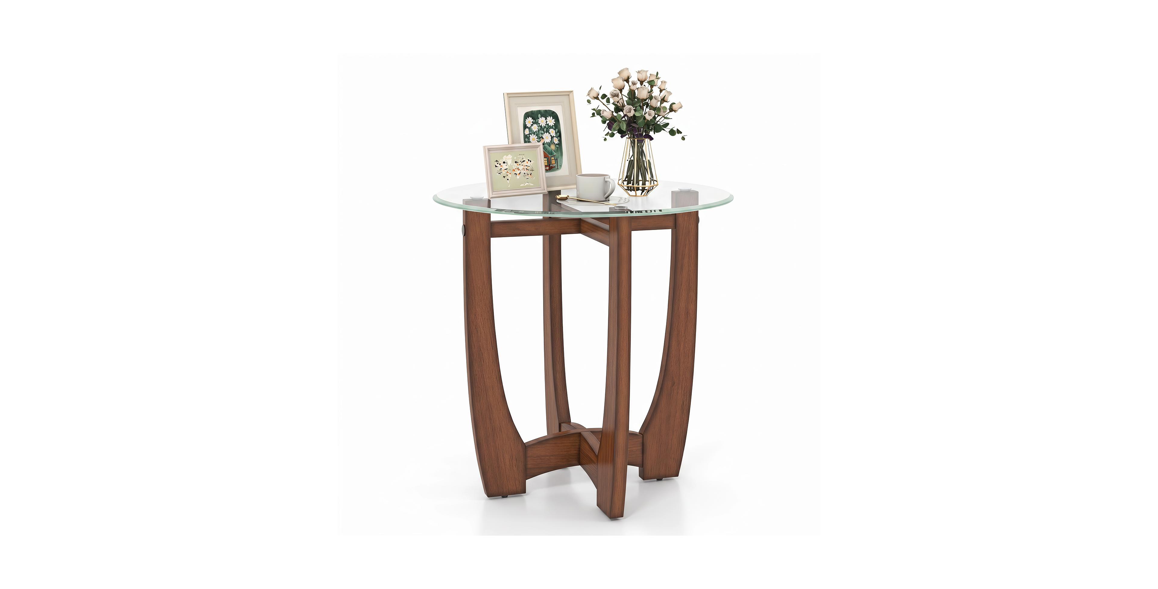 Gymax 23.5'' Round Side Table with Glass Tabletop Cross-shaped Solid Rubber Wood Frame Clear
