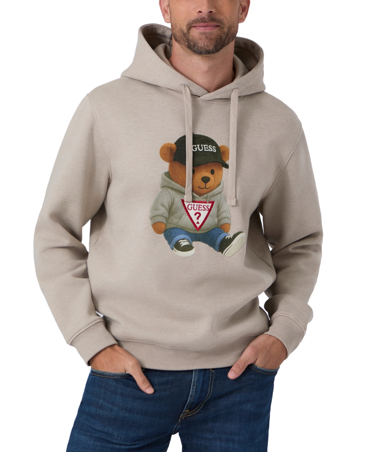 Guess Men's Teddy Bear Melange Relaxed-Fit Graphic Hooded Sweatshirt