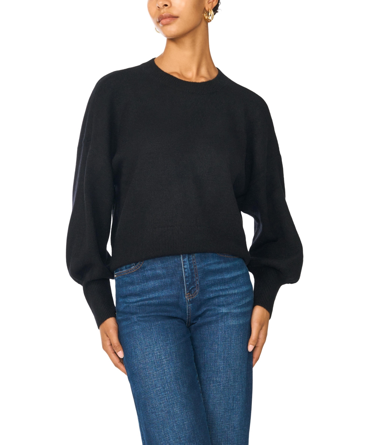 Vince Camuto Women's Crewneck Blouson-Sleeve Sweater - Rich Black