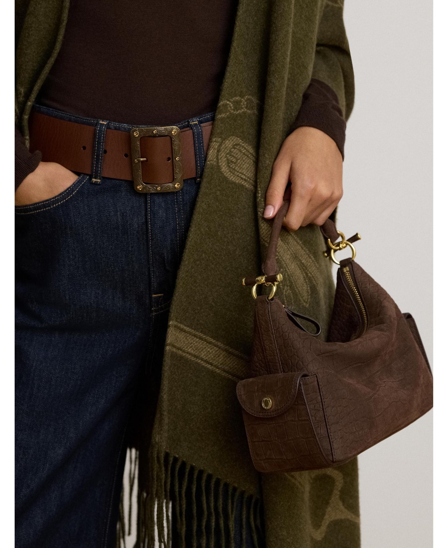 Женская сумка Lauren Ralph Lauren Blaike Suede Croc-Embossed Small Shoulder, цвет: Каштановый коричневый — фото 2