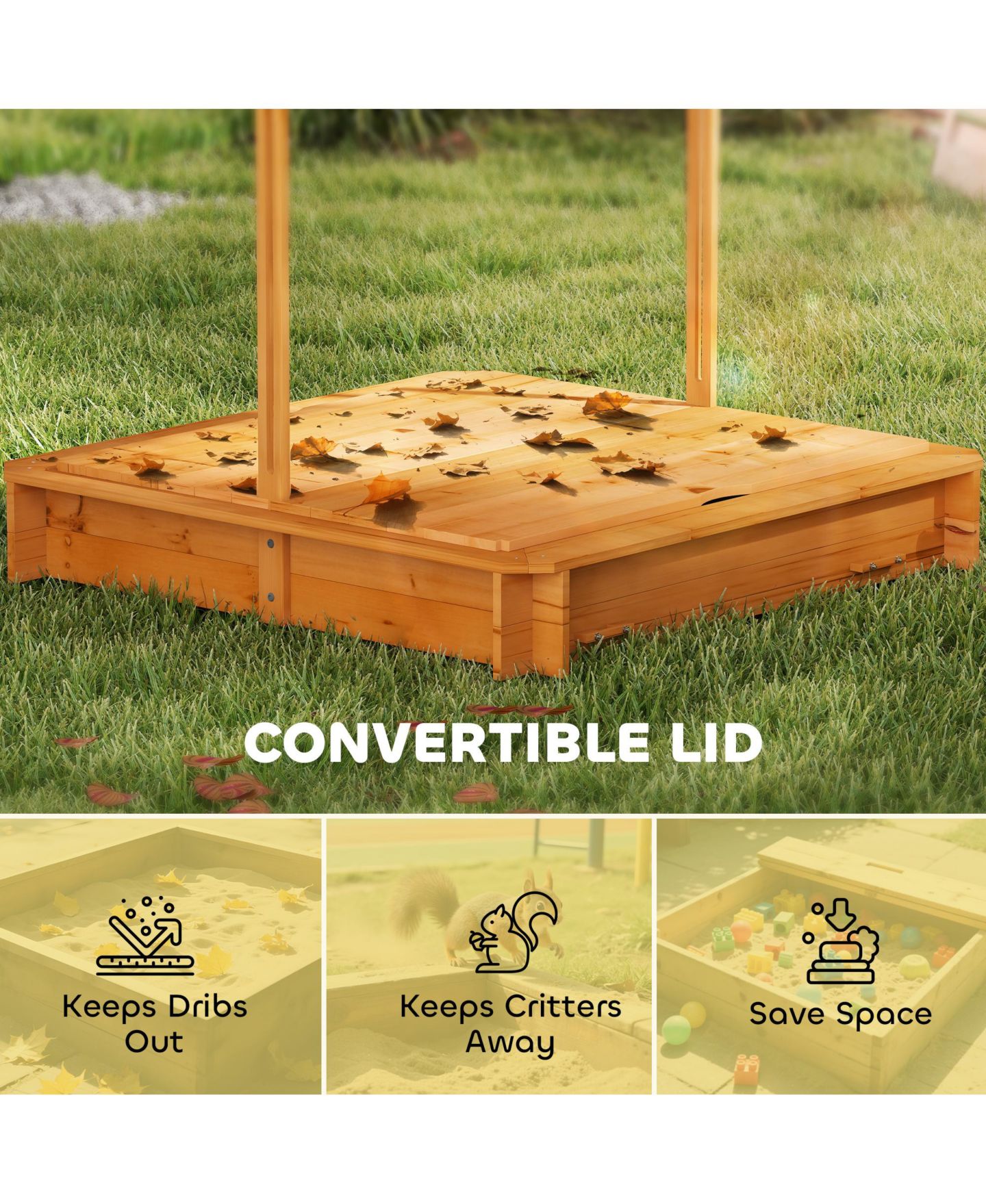 Детская игрушка Glintex Wooden Kids Sandbox with Adjustable Canopy, Foldable Bench Seats and Bottom Liner, 41.7" Square, 45.3" Tall, Ages 2+, цвет: Коричневый — фото 6